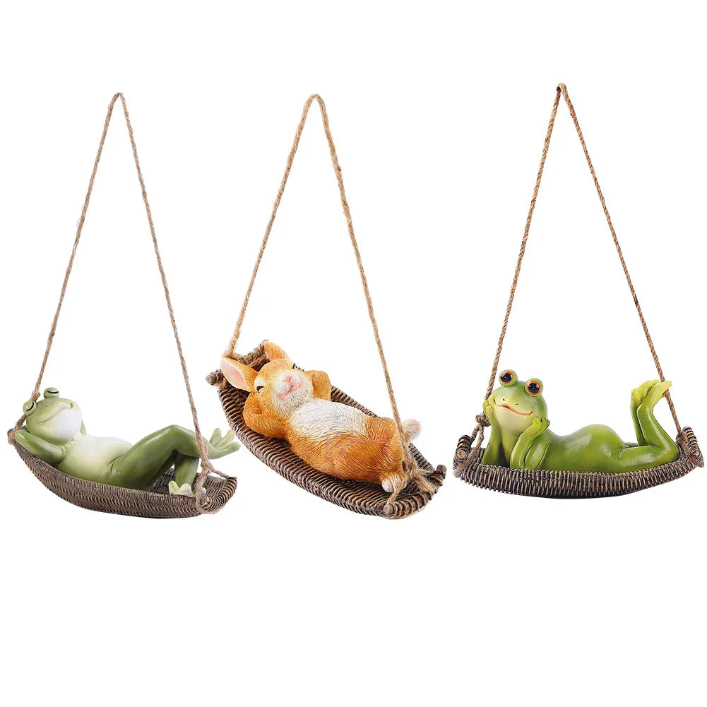 Swing Frog Statue Resin Hanging Rabbit Sculpture Creative Hanging Hammock Animal Figurines for Indoor Outdoor Patio Lawn