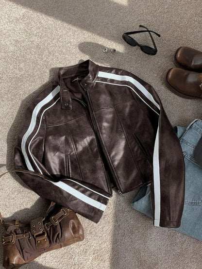 Women'S Striped Long Sleeve Casual Brown Faux Leather Motorcycle Cropped Jacket, Autumn