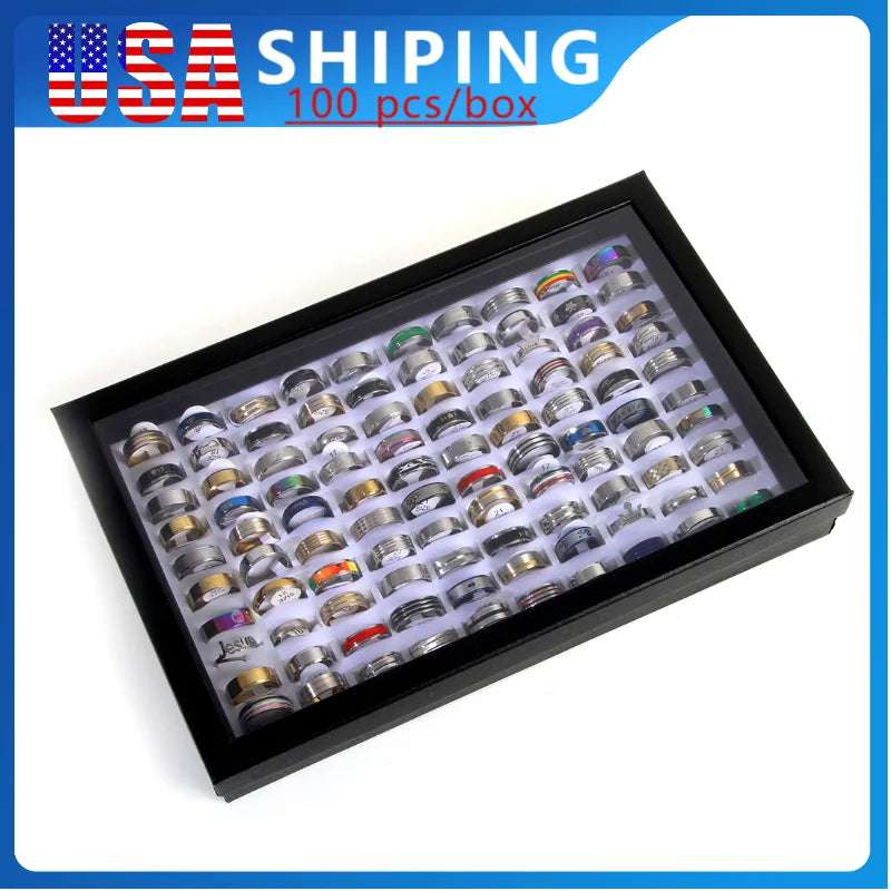 100pcs/Box Men Women Rings High Quality Stainless Steel Fashion Trendy Jewelry Set Wholesale Lot Variety of Styles Party Gifts