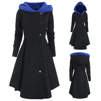 Women Plus Size Asymmetric Fleece Hooded Single Breasted Long Drap But