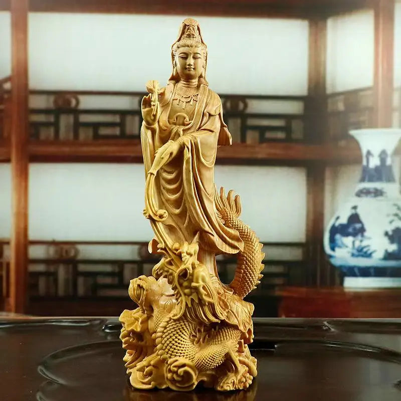 Hand-Carved Natural Wood Dragon Guanyin Buddha Statue – Chinese Buddhist Feng Shui Figurine