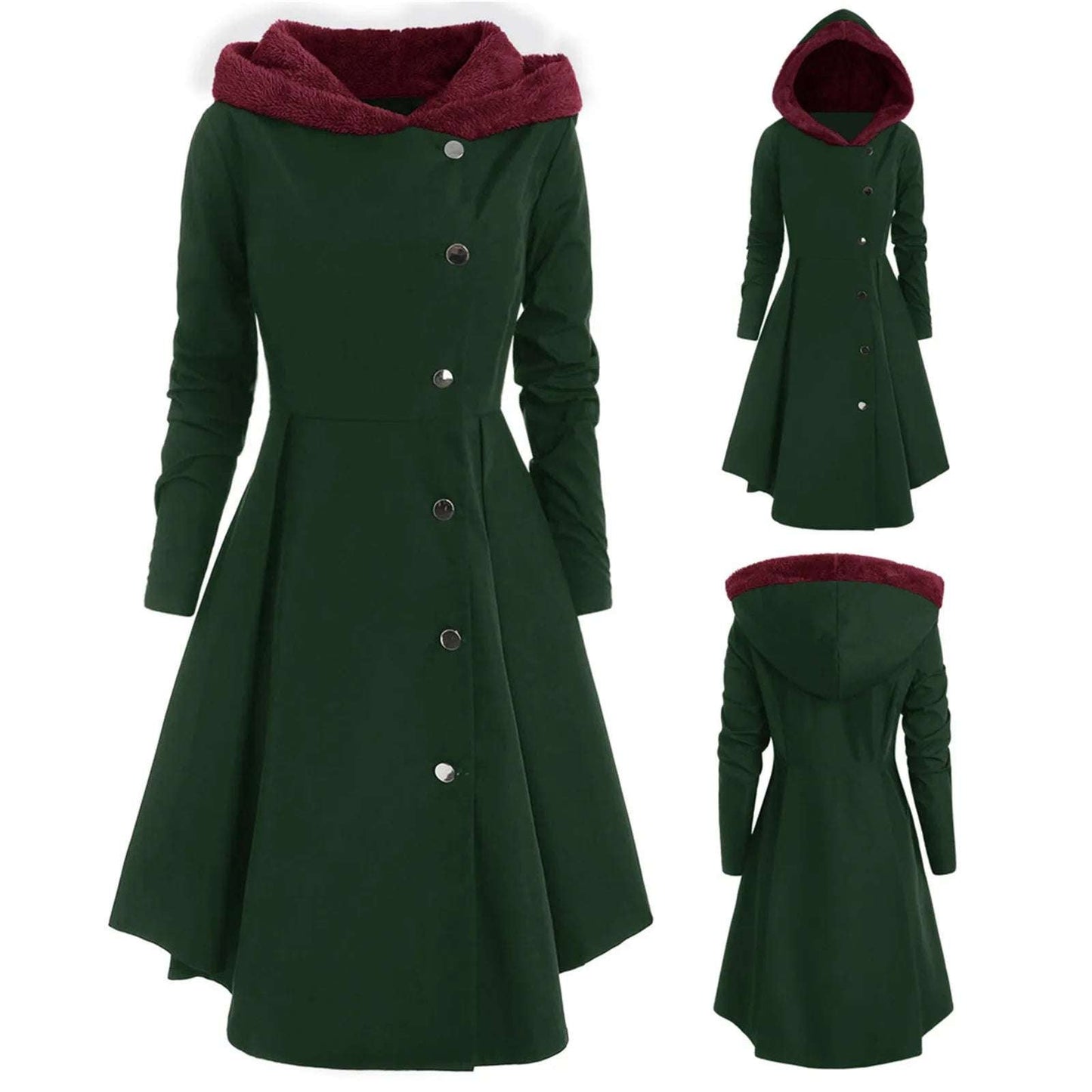 Women Plus Size Asymmetric Fleece Hooded Single Breasted Long Drap But