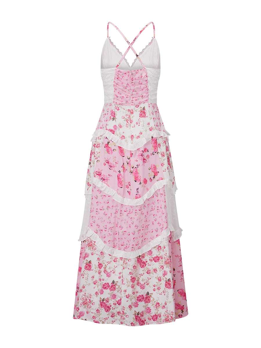 Elegant Boho Chic Maxi Dress with Floral Print and Delicate Lace Details Sleeveless V-Neck A-Line Dress for Summer Wedding or