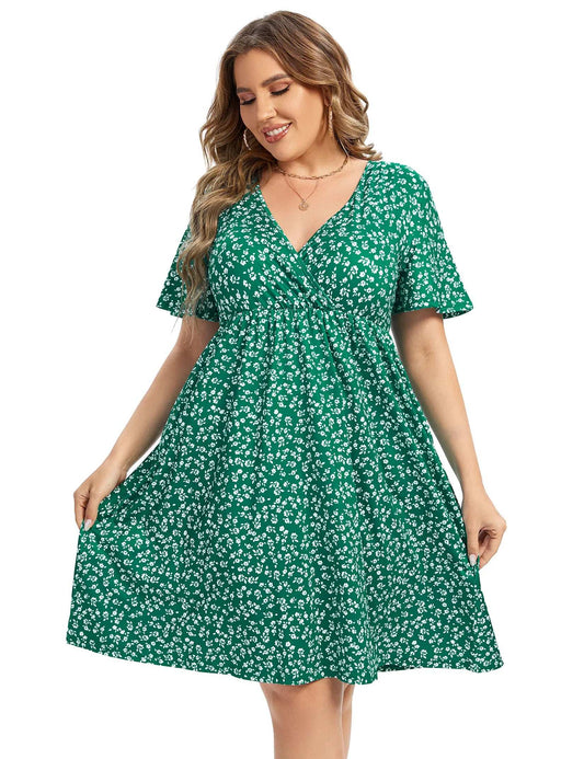Plus Size Dress Women V Neck A-Line Knee Length Wrap Swing Dresses Plus Size A Line Party Mini Dress Pink Daisy X-Large
