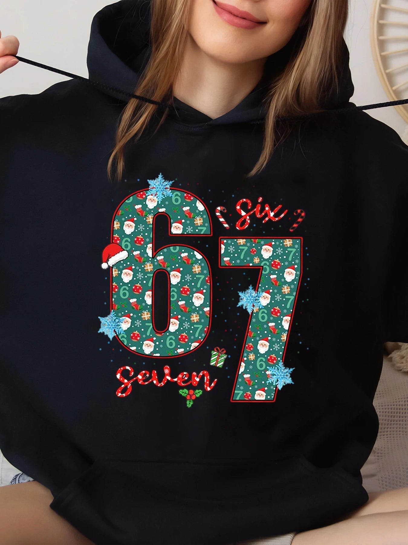 Christmas 67 Number Print Hoodie Holiday Party Wear Black Large Size Big Size