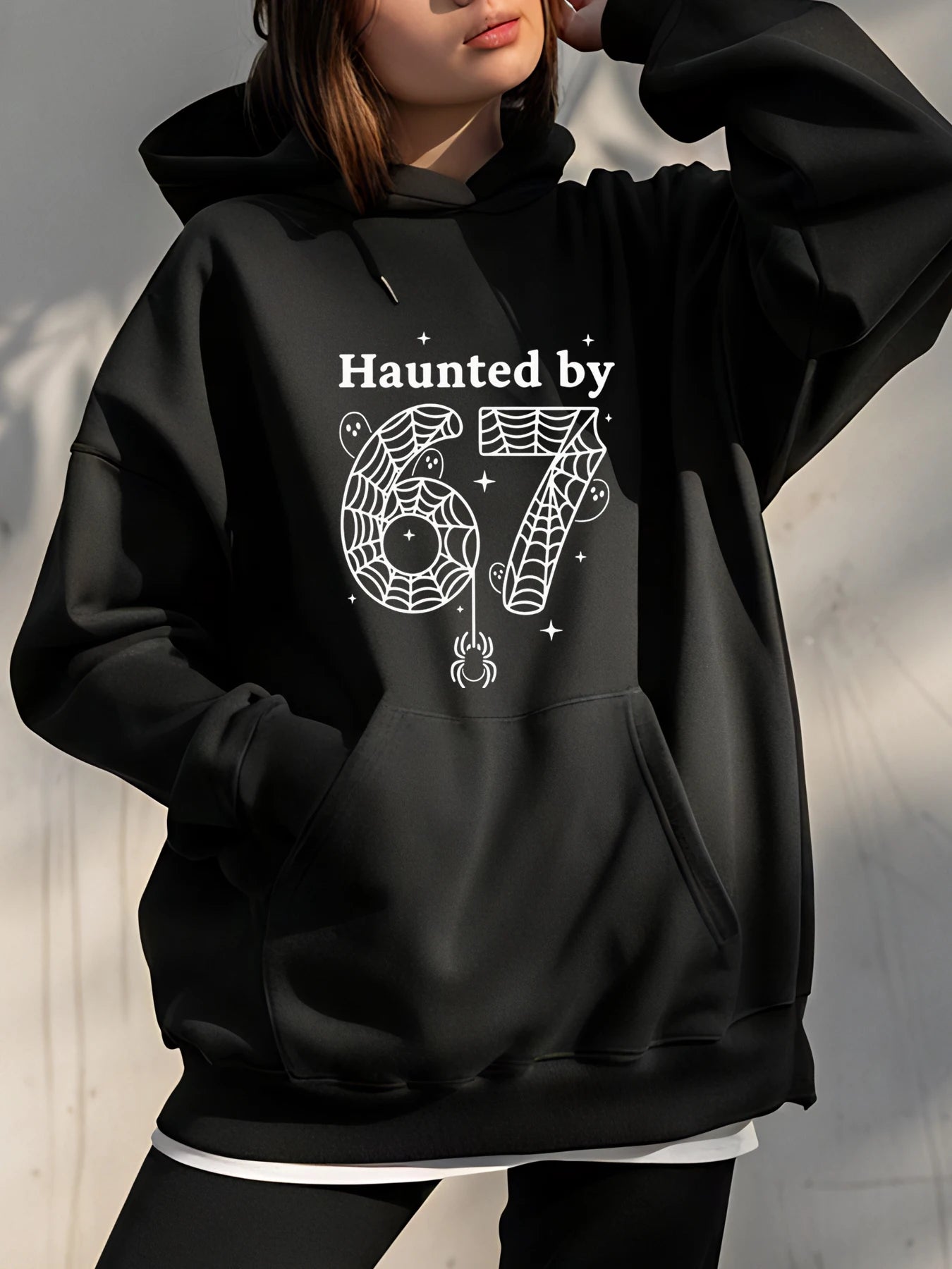 Haunted by 67 Spider Web Print Hoodie Women's Casual Halloween Sweatshirt Plus Size Pullover Outerwear for Girls