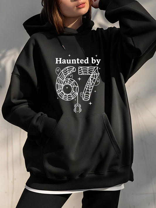 Haunted by 67 Spider Web Print Hoodie Women's Casual Halloween Sweatshirt Plus Size Pullover Outerwear for Girls