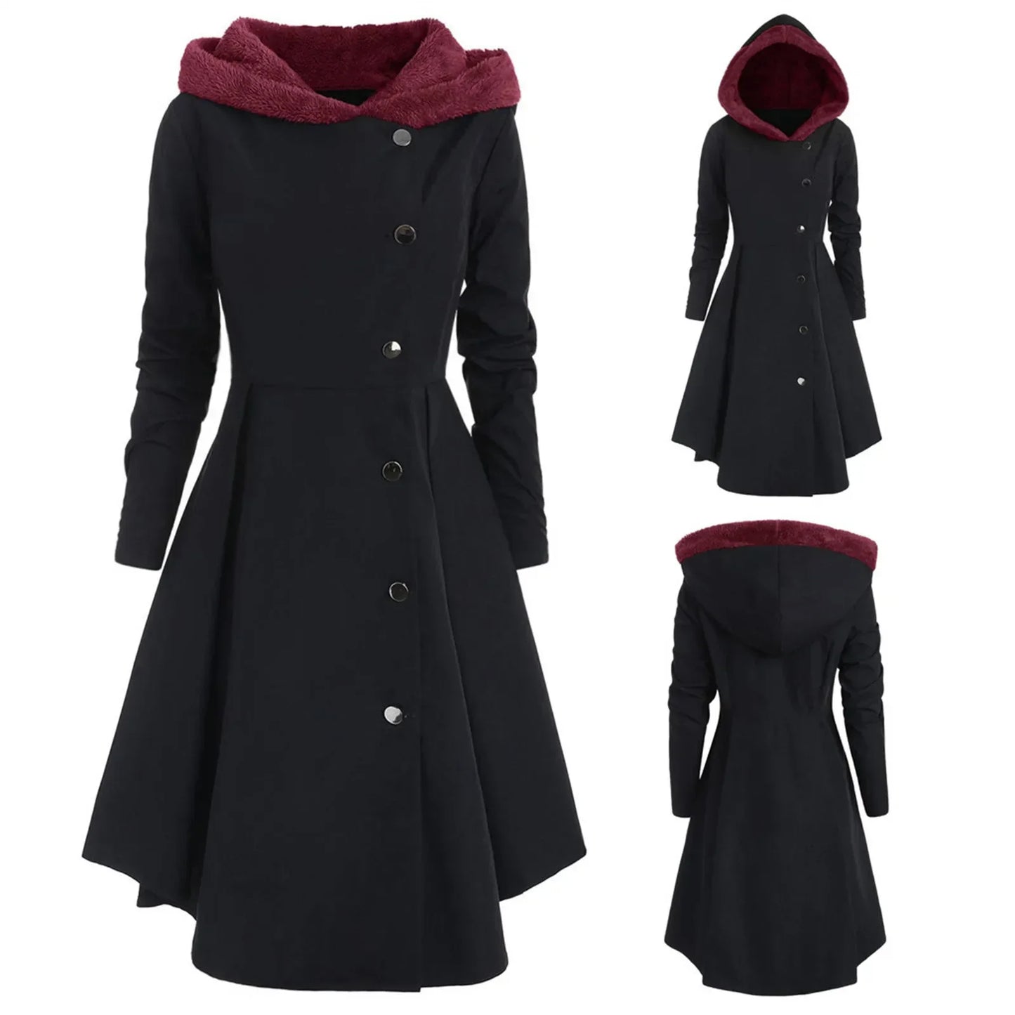 Women Plus Size Asymmetric Fleece Hooded Single Breasted Long Drap But