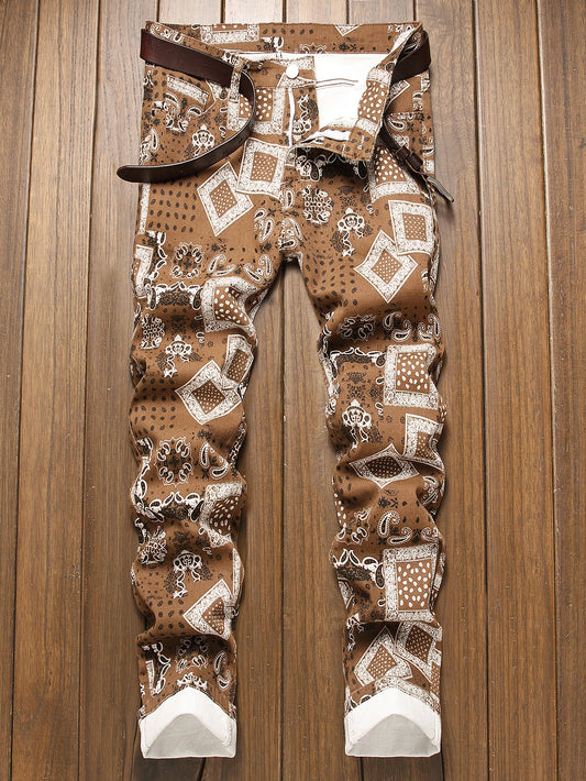 Stylish Mid Stretch Slim Fit Jeans - Men's Mid Waist Distressed And Ripped Denim Jeans With Tassels For All Seasons Street Wear