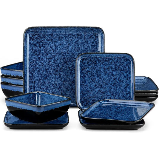 Stern Blue Dinner Set Square Reactive Glaze Tableware 12 Pieces Kitchen Dinnerware Stoneware Crockery Set With Dinner Plate Des
