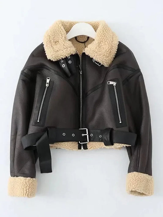 Ailegogo Winter Womentreetwear Faux Lamb Leather Fur Short Jacket with Belt Moto Biker Thick Warm Sheepskin Coat Outwear