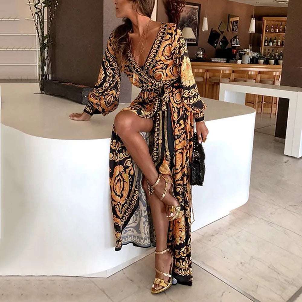 Women'S V Neck Printed Mid Waist Pullover Casual Loose And Thin Temperament Dress