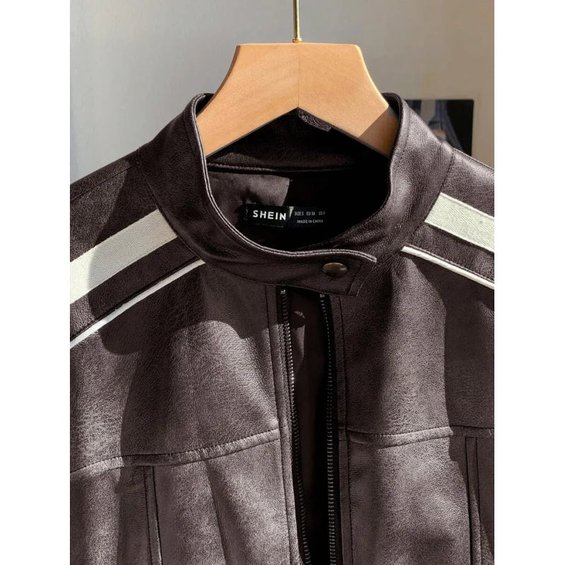 Women'S Striped Long Sleeve Casual Brown Faux Leather Motorcycle Cropped Jacket, Autumn
