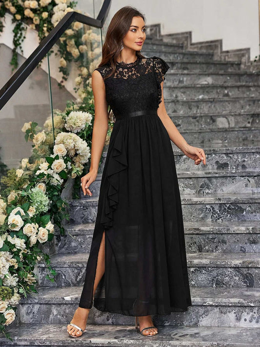 Women Evening Dresses 2024  Long Maxi Dress High Waist Round Neck Party Wedding Fashion Dress Spliced Lace Chiffon Dress