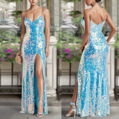 Gorgeous Ladies Sequin Formal Dresses Glitter Solid Color Split Evening Go