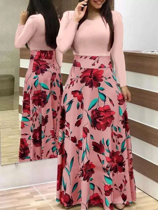 Autumn hot selling European and American flower color matching dresses, long dresses, Women clothing in stock