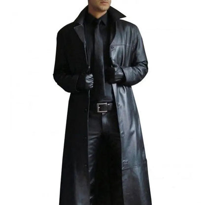 Streetwear Men Faux Leather Trench Fashion Long Windbreaker Coat Slim
