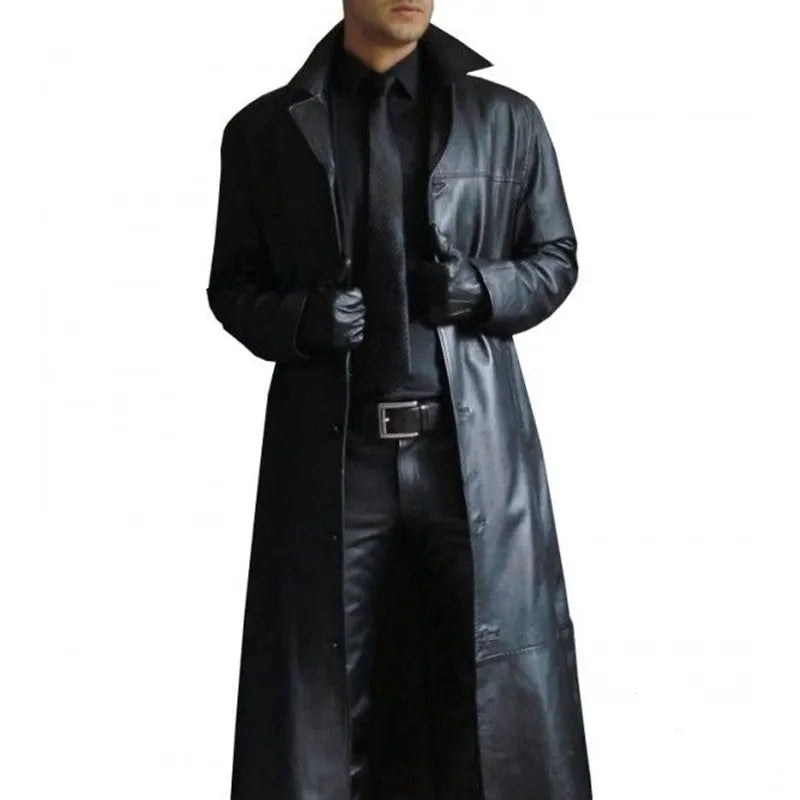 Streetwear Men Faux Leather Trench Fashion Long Windbreaker Coat Slim