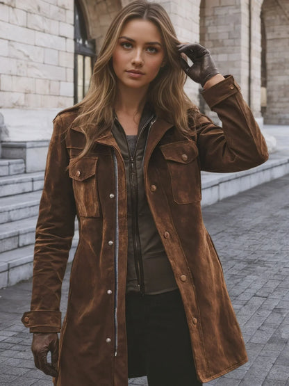 Women'S Vintage Suede Windbreaker Jacket  Notch Collar Mid-Length Coat With Patch Pockets