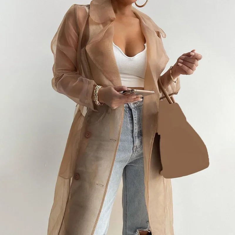 Shirts Trench Coat For Women'S Fashion See Through Lace Up Spring Solid Sheer Mesh Long Sleeve Buttoned Coat With Belt