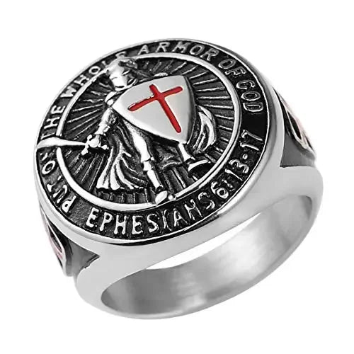 2025 Knights Templar Put On The Whole Armor of God Ephesians Red Cross Design Men's Stainless Steel Ring