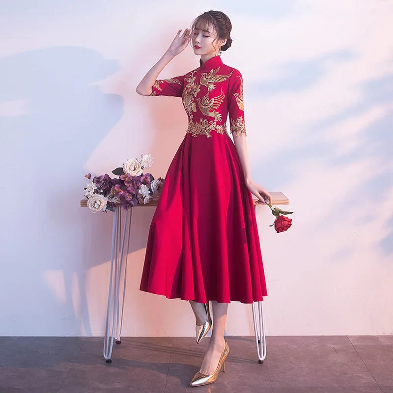 Party Evening Cheongsam Dress Oriental Chinese Style Woman Elegant Satin Qipao Cute Wedding Prom Short Robe Retro Vestido S-3Xl