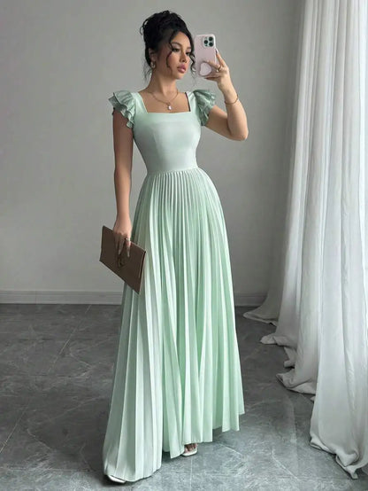 Elegant Mint Green Maxi Dress - Square Neck Ruffled Sleeve Pleated Formal Dress