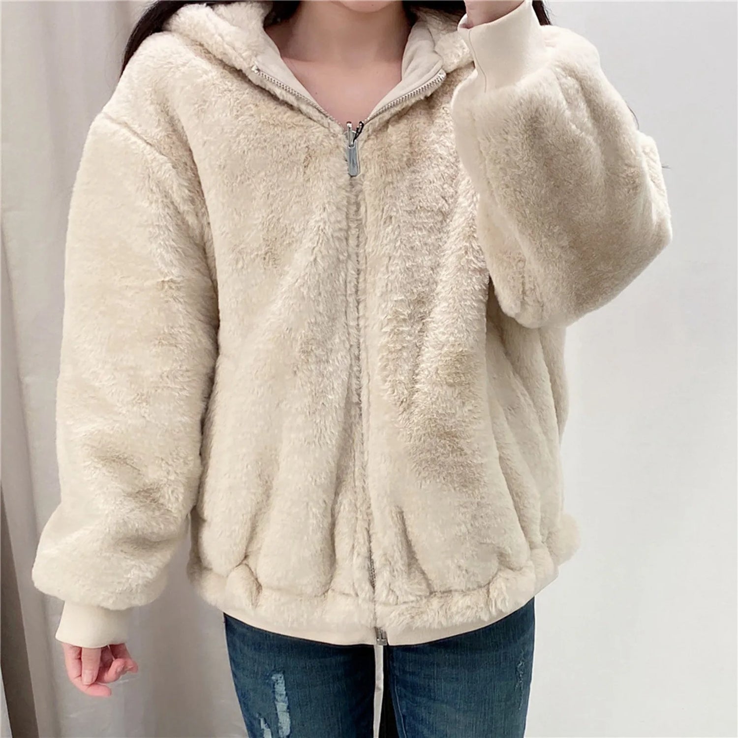 Women'S Reversible Plush Hooded Trench Coat ” Thickened Fleece Fall Winter Jacket