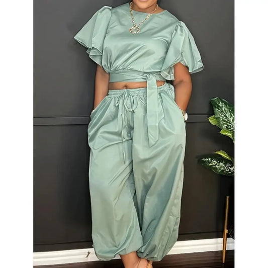 Casual O-Neck Ruffle Sleeve Lace Top And Pants Two-Piece Set