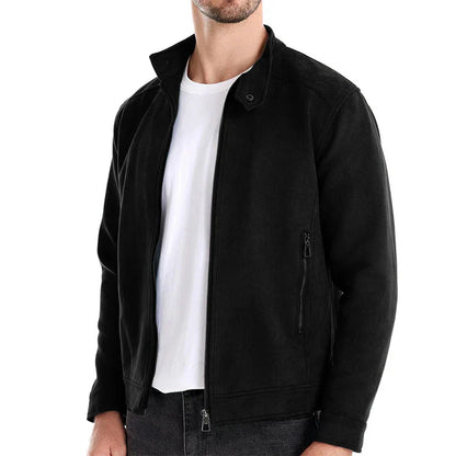 Men s Classic Suede Bomber Jacket with Stand Collar and Zipper Closure