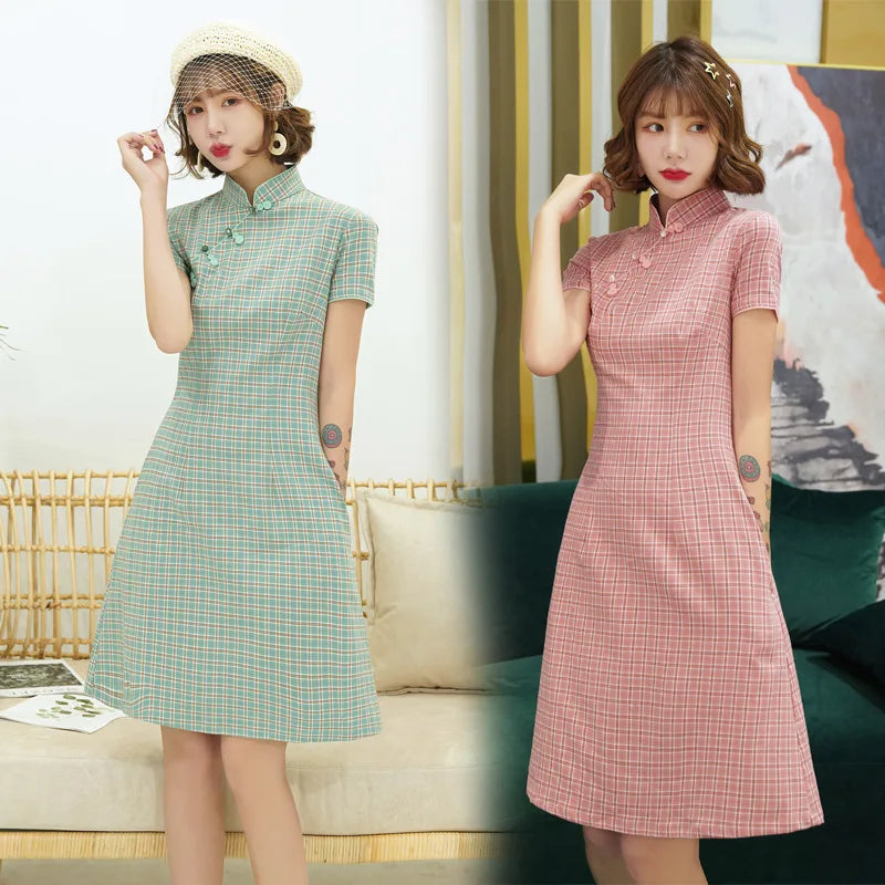 2025 Summer Plaid Improved Pocket Cheongsam Traditional Vietnamese Dress Girly Style Daily Short Qipao Gothic Dresses For Women