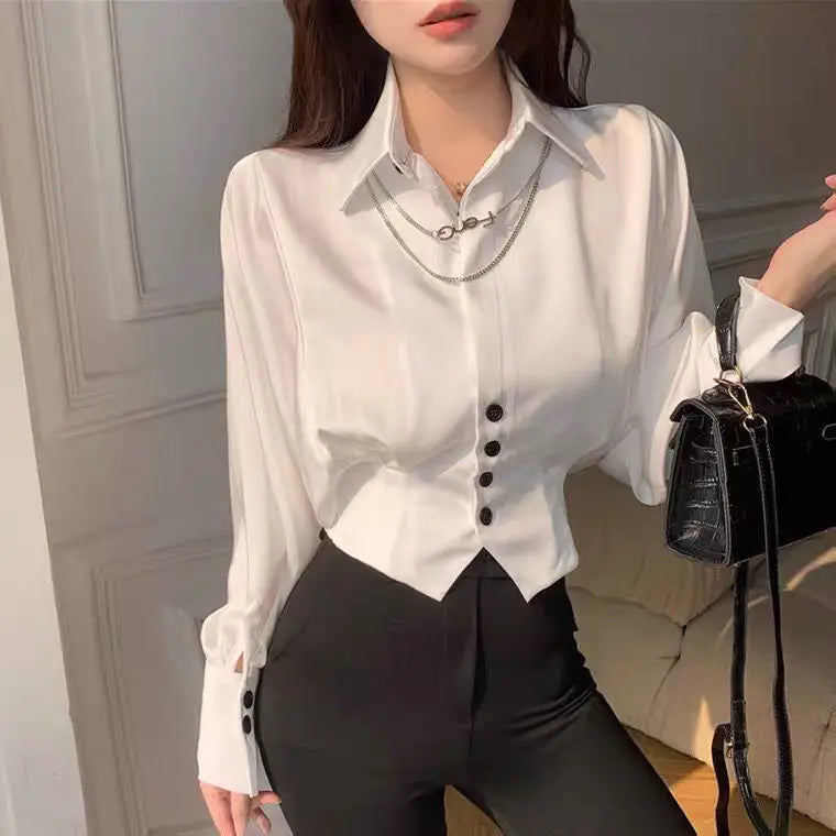 Vintage  Button Solid Chiffon Shirt Spring Autumn 2025 New Polo-Neck Long Batwing Puff Sleeve Slim Blouse Women Clothes