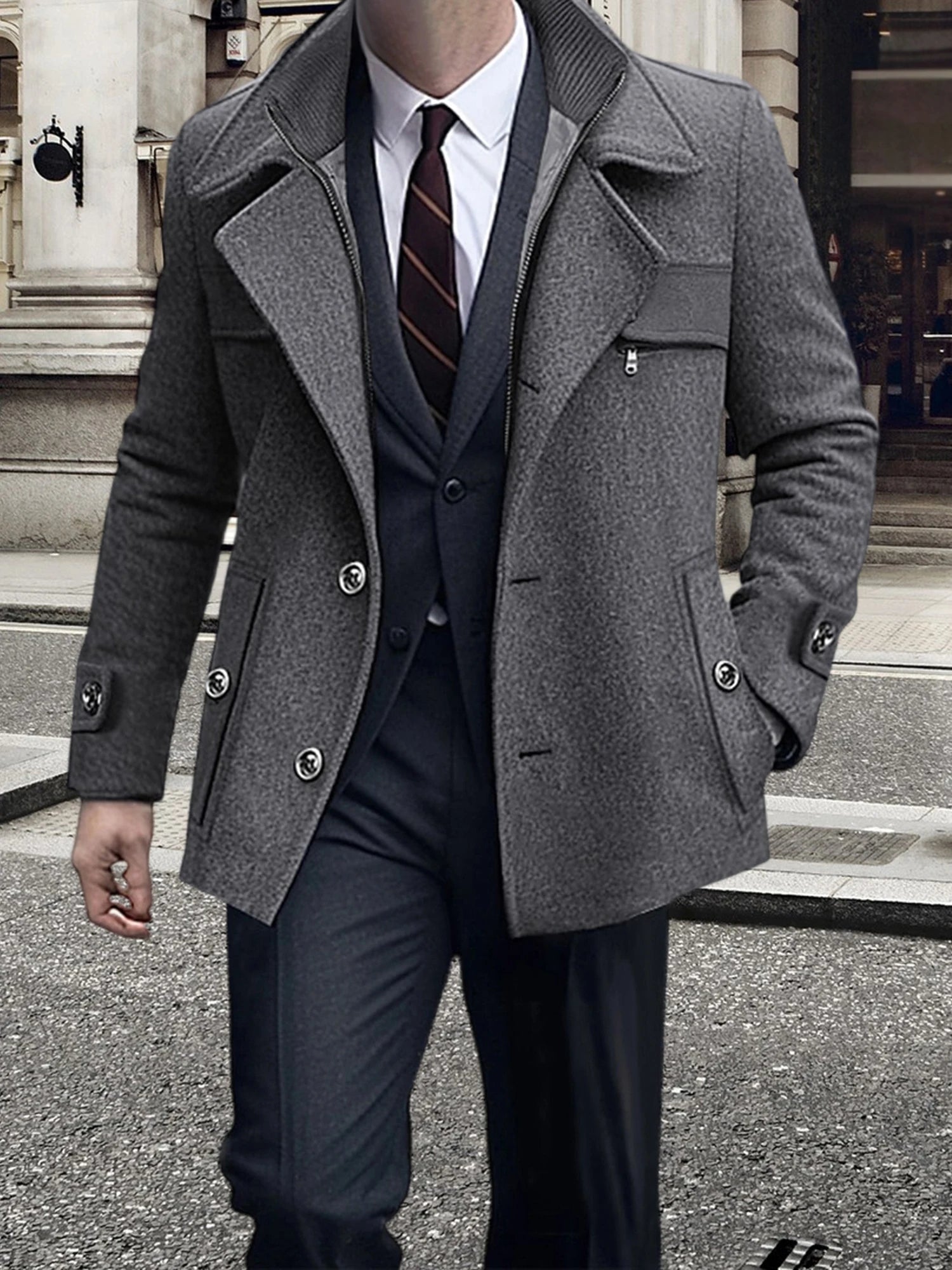 Men's Classic Wool Blend Pea Coat with Notched Lapel Winter Warm Long Sleeve Solid Color Jacket Button Down Overcoat