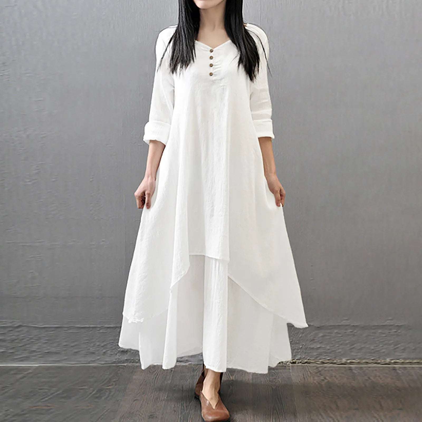 Women  Linen White Dresses Bohemia Layering Vintage Robe Long Sleeve Loose Long Dress Female Autumn Vestidos
