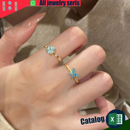 Elegant Blue Butterfly Ring Gold Plated Adjustable Open CZ Midfinger Band for Women's parkling StateMen'st Jewelry Gift