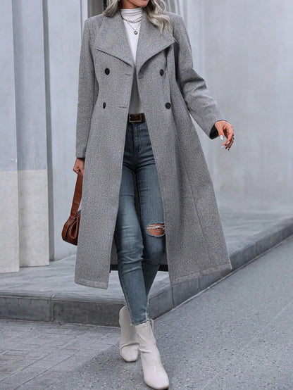 Gray Double Breasted Long Coat With Notch Lapel For Women