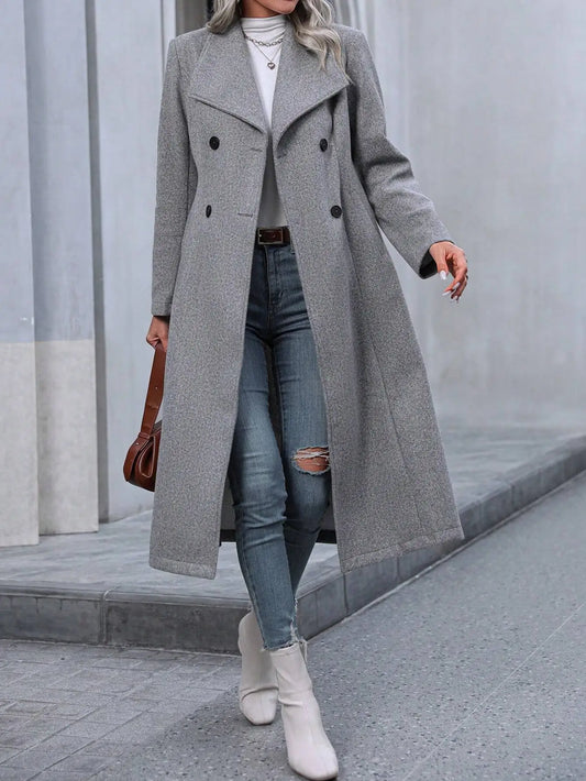 Gray Double Breasted Long Coat With Notch Lapel For Women