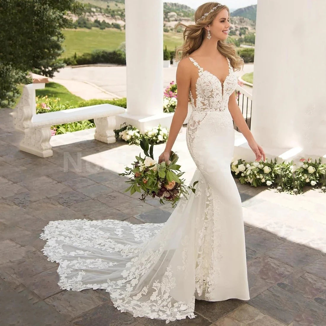 Elegant Lace Applique Sweep Train Wedding Dress for Bride Mermaid Bridal Dress Customized