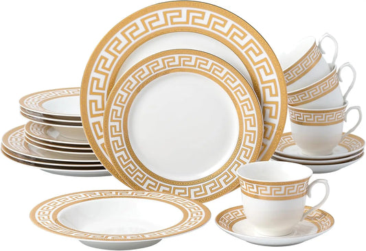 20-Piece Bone China Dinnerware Set, Service For 4, White And Golden Greek Key