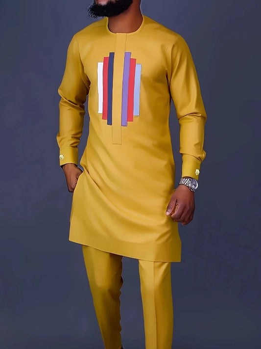 Men's Casual Long-Sleeved Two-Piece Set: Mid-Length Top and Trousers