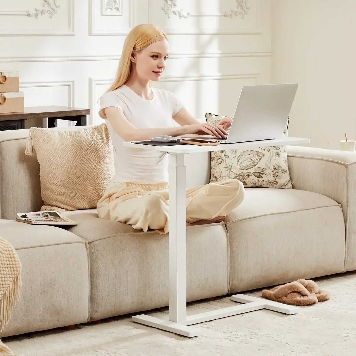 Overbed Bedside Sofa Table With Hidden Wheels Adjustable Height Home Use Bed Table Laptop Mobile Standing Desk For Bedroom