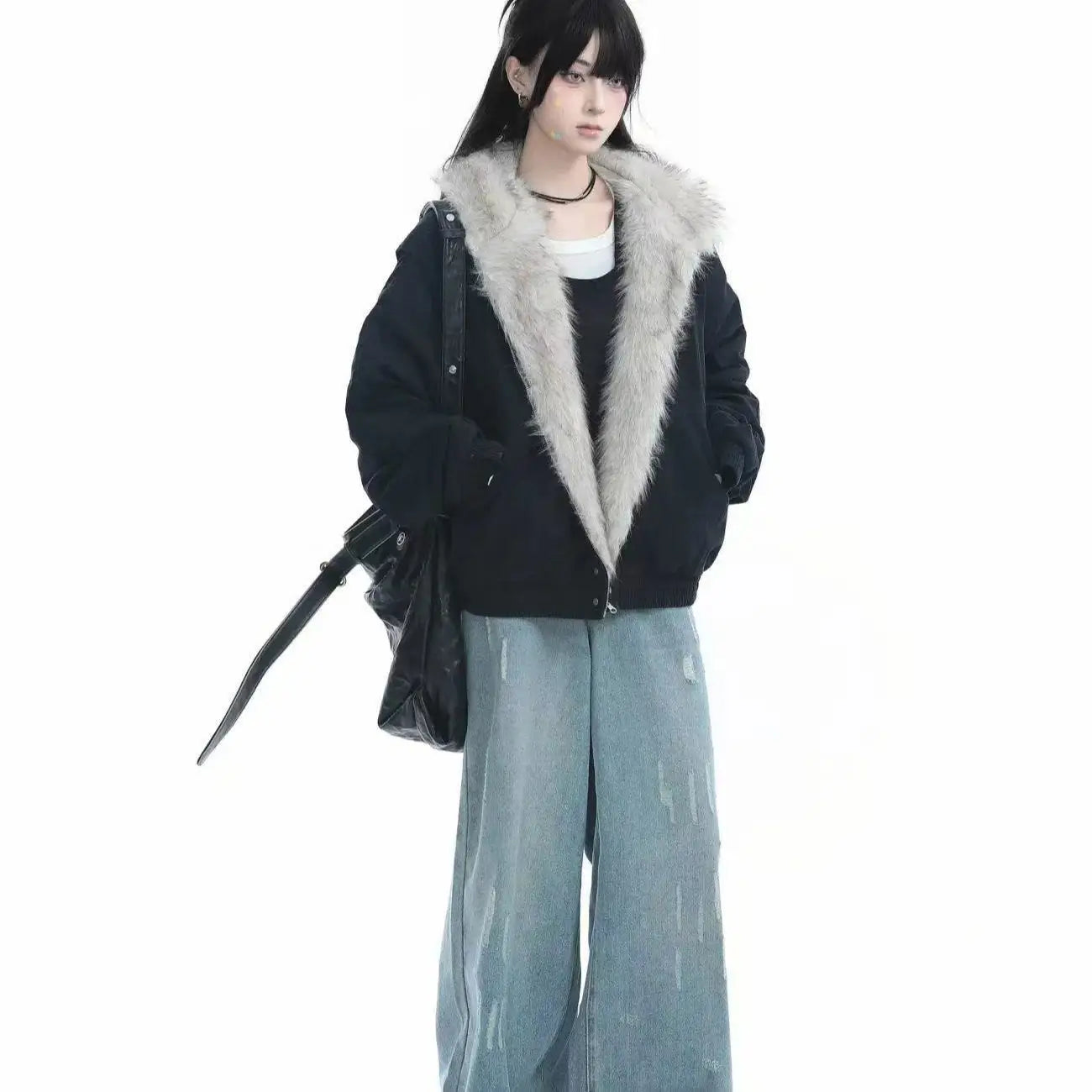 American Harajuku Warm Jacket Mens and Womens Retro Simple Plush Jacket with New Loose Leather Motorcycle Punk Fur Collar Jacket