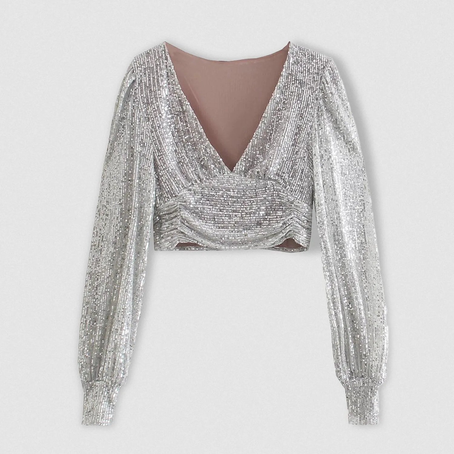 Women'S Autumn Winter New Fashion Solid Color Round Neck Sequin Korean Version Versatile Long Sleeved Slim Fit Short T-Shirt Top