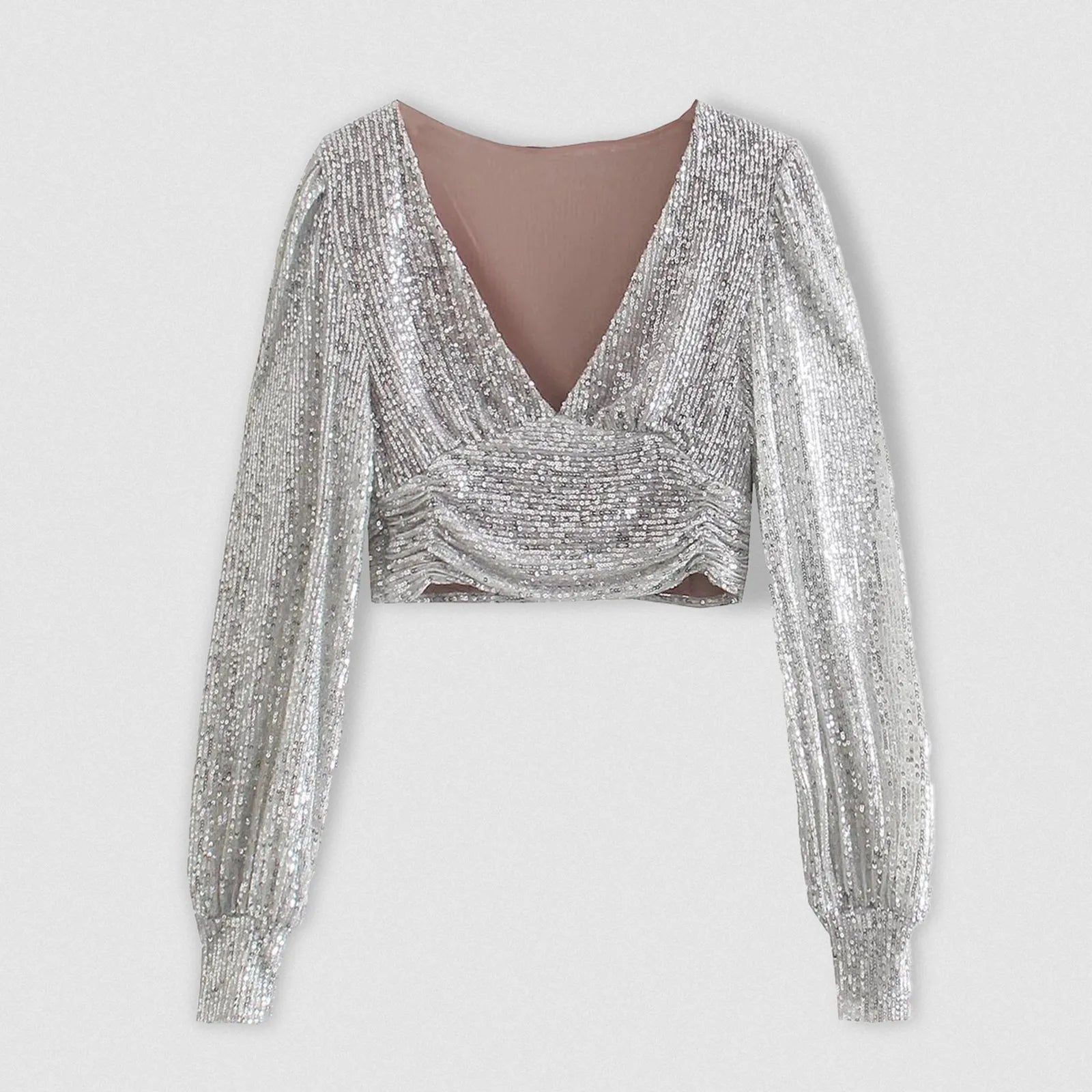 Women'S Autumn Winter New Fashion Solid Color Round Neck Sequin Korean Version Versatile Long Sleeved Slim Fit Short T-Shirt Top