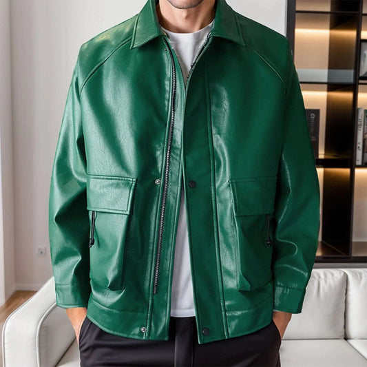 Male Solid Faux Leather Jacket Street Style Cool Soft Faux Leather Lapel Workwear Style Double Pocket Long Sleeve Leather Coat