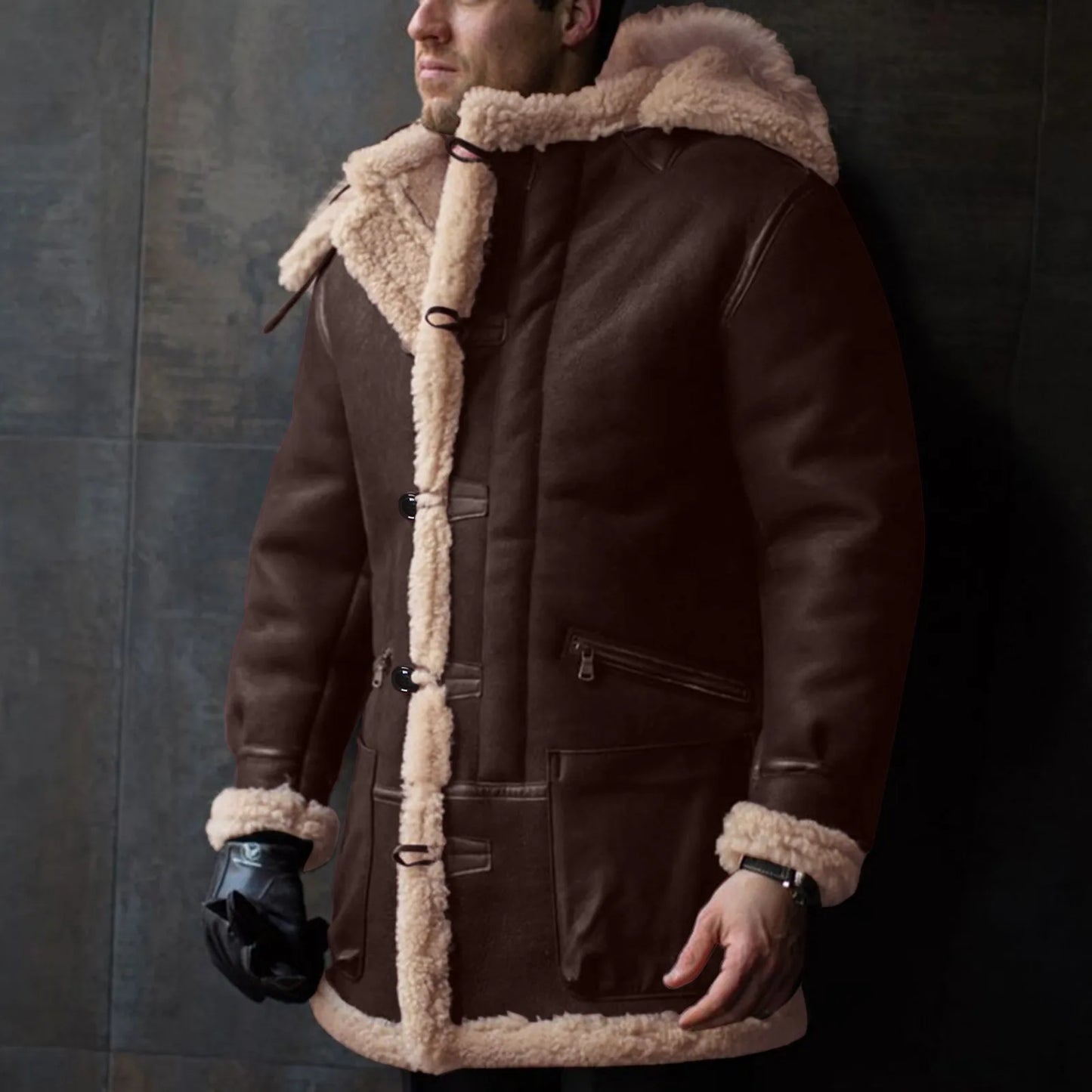 Men'S Winter Fleece Hooded Faux Leather Jacket - Vintage Style, Slim Fit, Detachable Hood, Sizes S-Xxxxxl