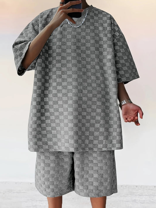 Men's Summer Jacquard Plaid Short-Sleeve T-Shirt And Loose Straight-Leg Casual Shorts Set