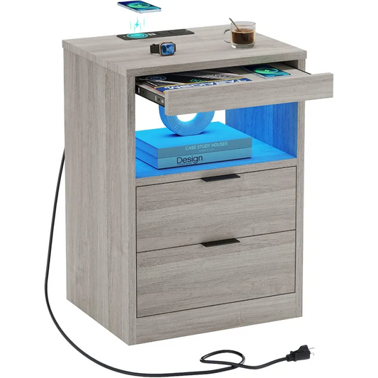 Nightstand with Wireless Charging Station and LED Lights, Grey Night Stand with 2 Drawers and Open Storage