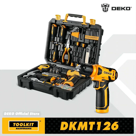 DEKO 126Pcs Power Tool Combo Kits with 8V Cordless Drill,10MM 3/8'' Keyless Chuck, Professional Home household DIY Hand Tool Kits