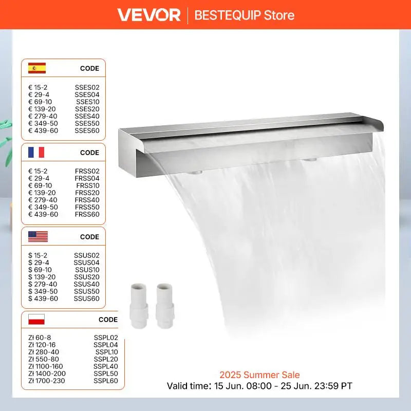 VEVOR Waterfall Pool Fountain Stainless Steel W/ Pipe Connector Spillway Garden Outdoor Pond Rectangular Swimming Pool Fountain